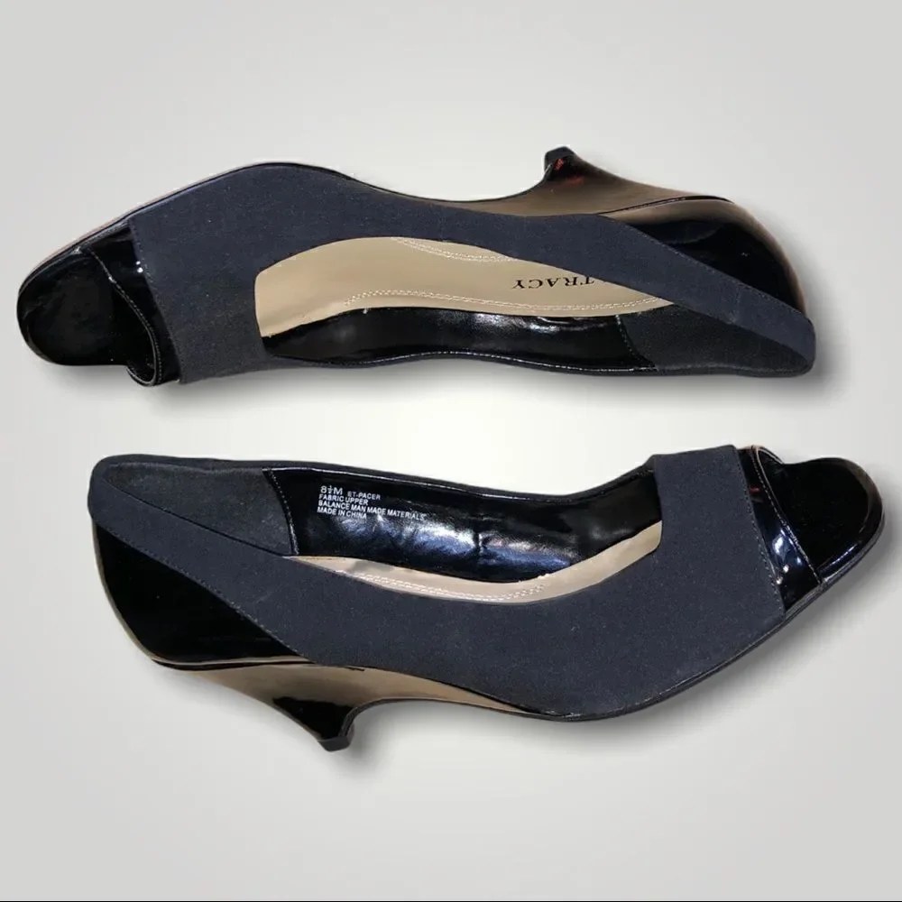 ELLEN TRACY Black Wedge Patent Suede ET Pacer Peep